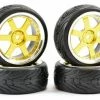 Fastrax 1:10 Street Treaded Tyres On 6 Spoke Gold/Chrome Wheels (4)