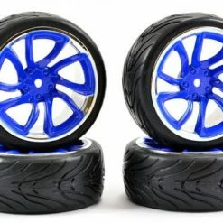 Fastrax 1:10 Street Treaded Tyres On Tri-5 Blue/Chrome Wheels (4)